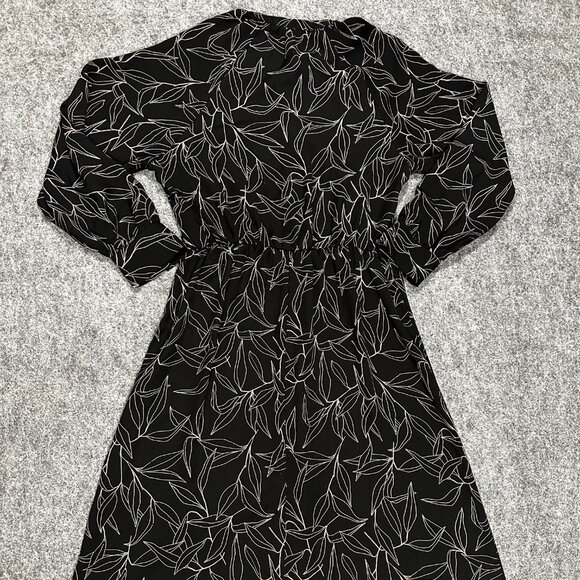 A New Day Womens Black Lilac Floral Print Midi Dress Medium Long Sleeve Elegant - Picture 1 of 11